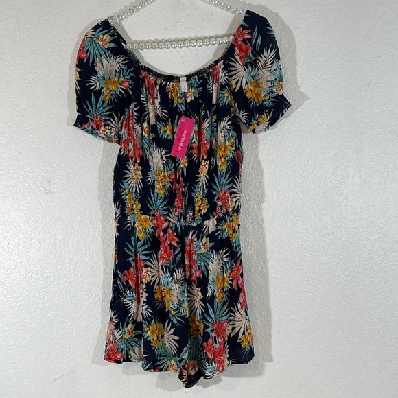 Xhilaration Pants - Xhilaration Romper Medium Navy Colorful Floral Off the Shoulder Size Small New